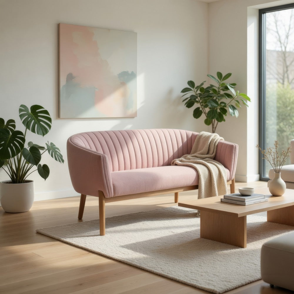 Benjara Fery Loveseat, Blush Pink Fabric Channel Stitched Back, Brown 55 Inch
