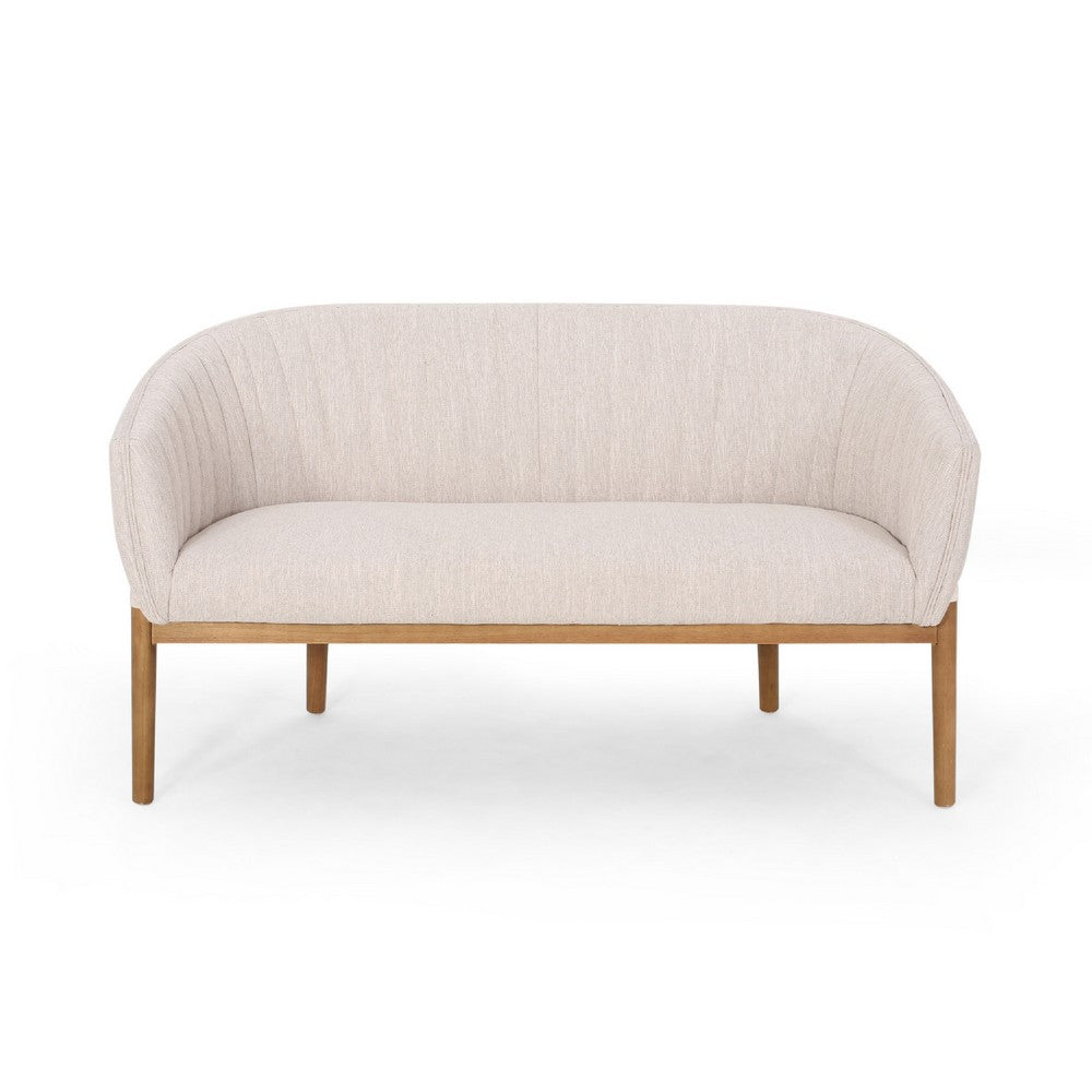 Benjara Fery Loveseat, Beige Fabric Channel Stitched Back, Brown Wood 55 Inch