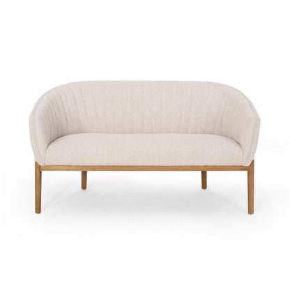 Benjara Fery Loveseat, Beige Fabric Channel Stitched Back, Brown Wood 55 Inch