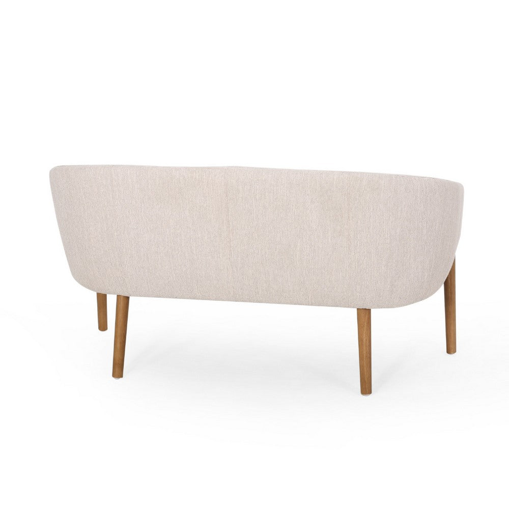 Benjara Fery Loveseat, Beige Fabric Channel Stitched Back, Brown Wood 55 Inch