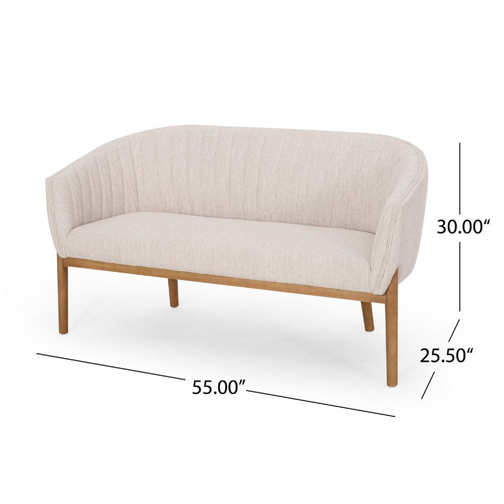 Benjara Fery Loveseat, Beige Fabric Channel Stitched Back, Brown Wood 55 Inch