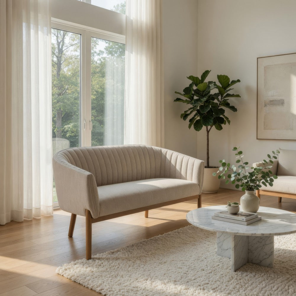 Benjara Fery Loveseat, Beige Fabric Channel Stitched Back, Brown Wood 55 Inch