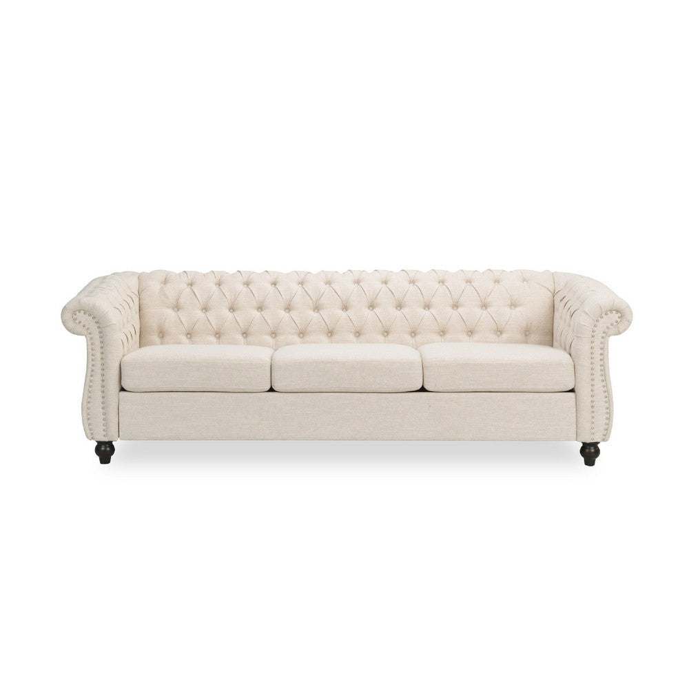 Benjara Nisy 3 Seater Sofa, Chesterfield Beige Fabric Tufted Back, 85 Inch