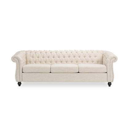 Benjara Nisy 3 Seater Sofa, Chesterfield Beige Fabric Tufted Back, 85 Inch
