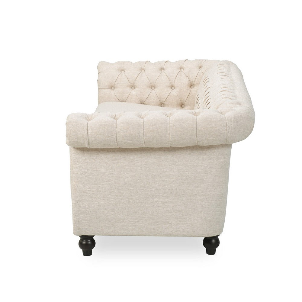Benjara Nisy 3 Seater Sofa, Chesterfield Beige Fabric Tufted Back, 85 Inch