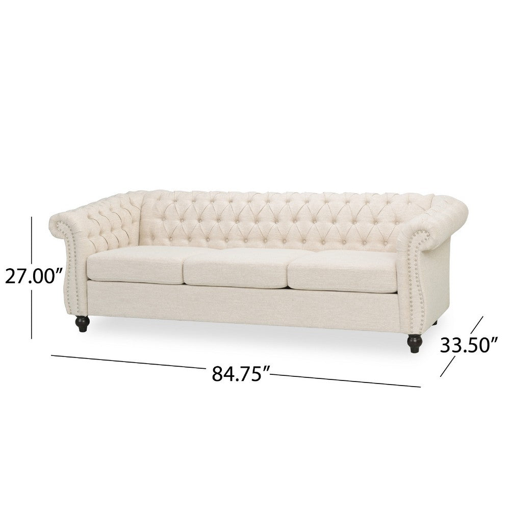Benjara Nisy 3 Seater Sofa, Chesterfield Beige Fabric Tufted Back, 85 Inch