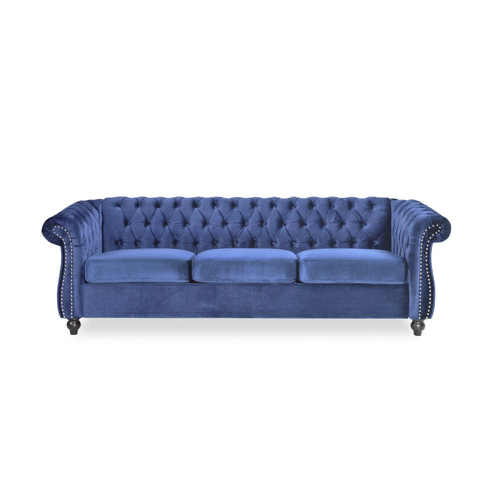 Benjara Nisy 3 Seater Sofa, Chesterfield Dark Blue Velvet Tufted Back, 85 Inch