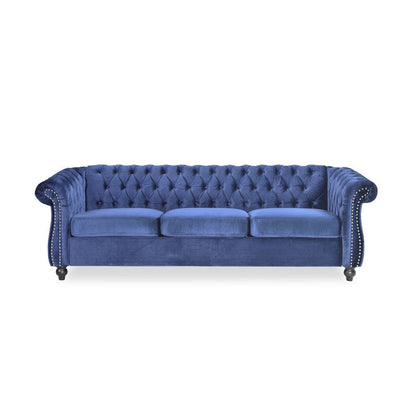 Benjara Nisy 3 Seater Sofa, Chesterfield Dark Blue Velvet Tufted Back, 85 Inch