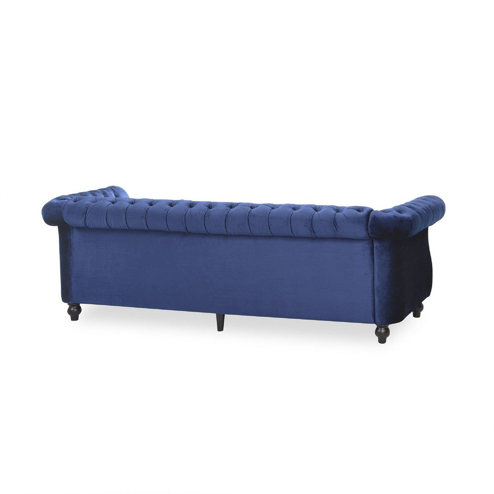 Benjara Nisy 3 Seater Sofa, Chesterfield Dark Blue Velvet Tufted Back, 85 Inch