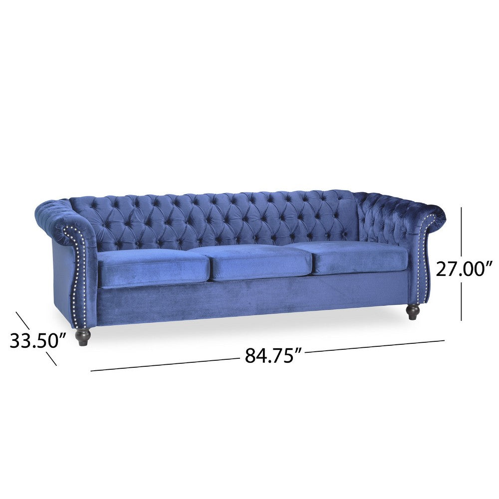 Benjara Nisy 3 Seater Sofa, Chesterfield Dark Blue Velvet Tufted Back, 85 Inch