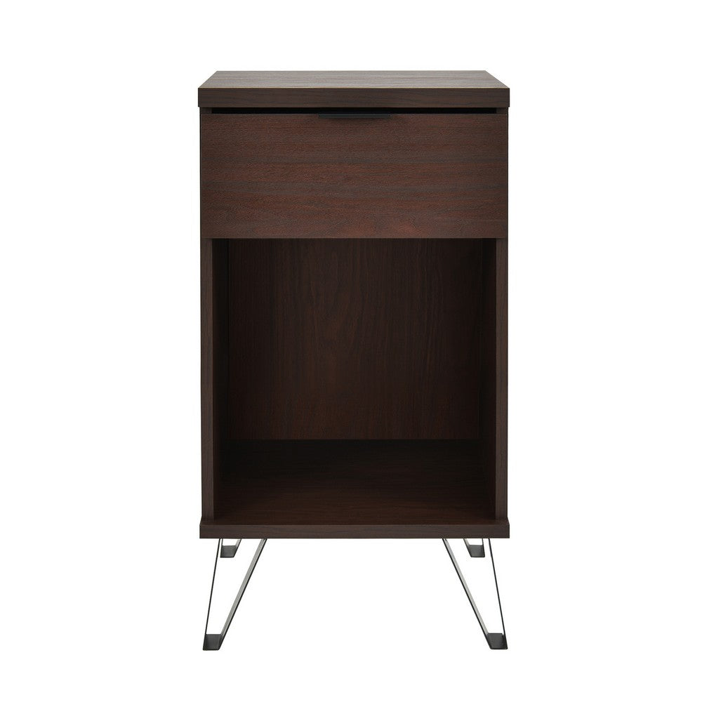 Benjara Livy Nightstand, 1 Drawer, Black Iron Legs, Walnut Brown, 27 Inch