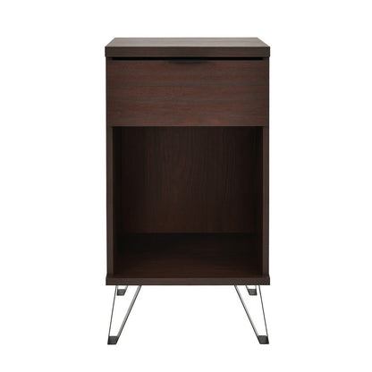 Benjara Livy Nightstand, 1 Drawer, Black Iron Legs, Walnut Brown, 27 Inch