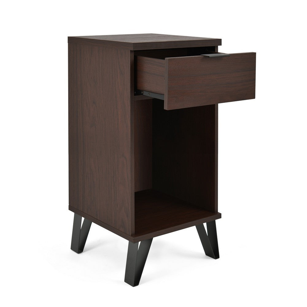 Benjara Livy Nightstand, 1 Drawer, Black Iron Legs, Walnut Brown, 27 Inch
