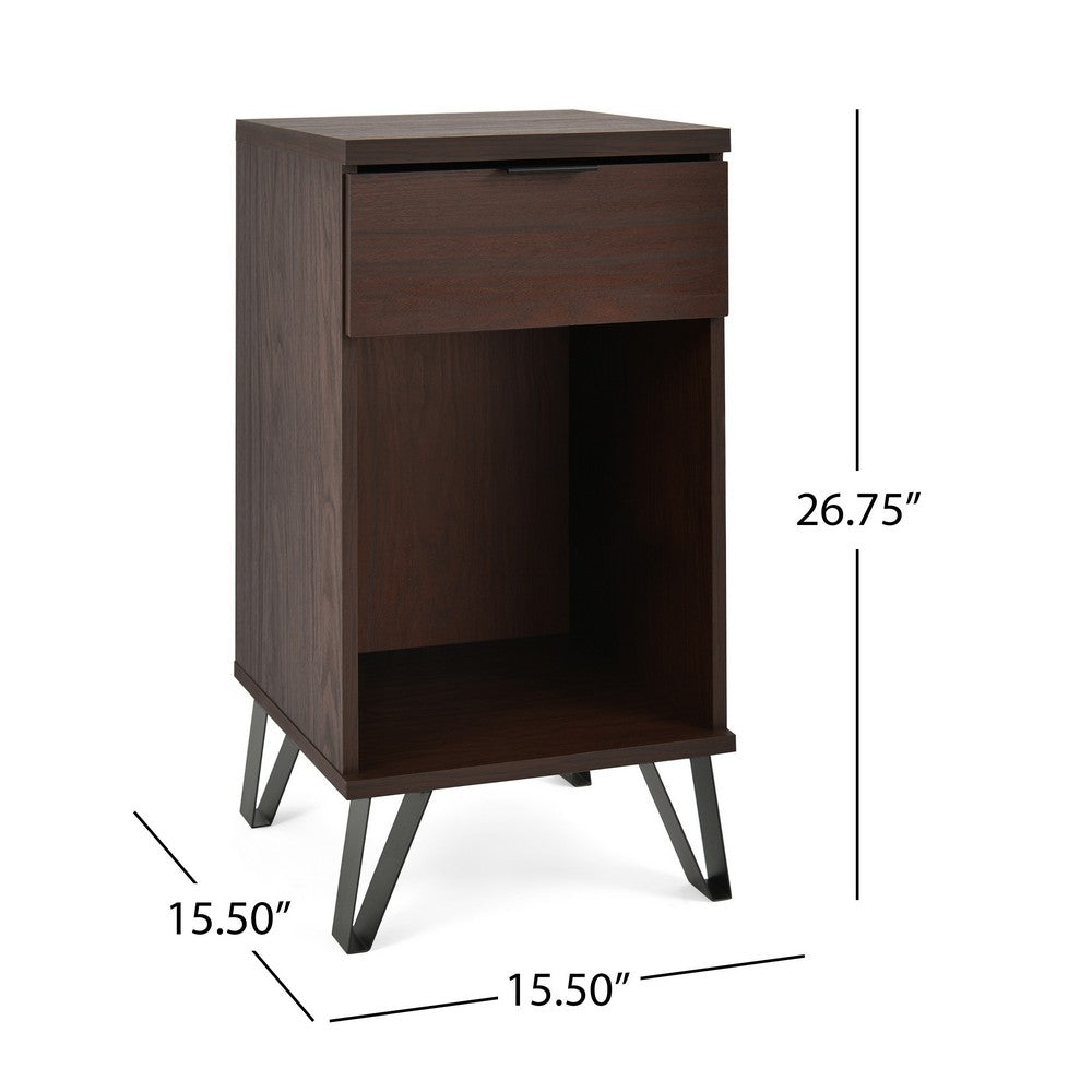 Benjara Livy Nightstand, 1 Drawer, Black Iron Legs, Walnut Brown, 27 Inch