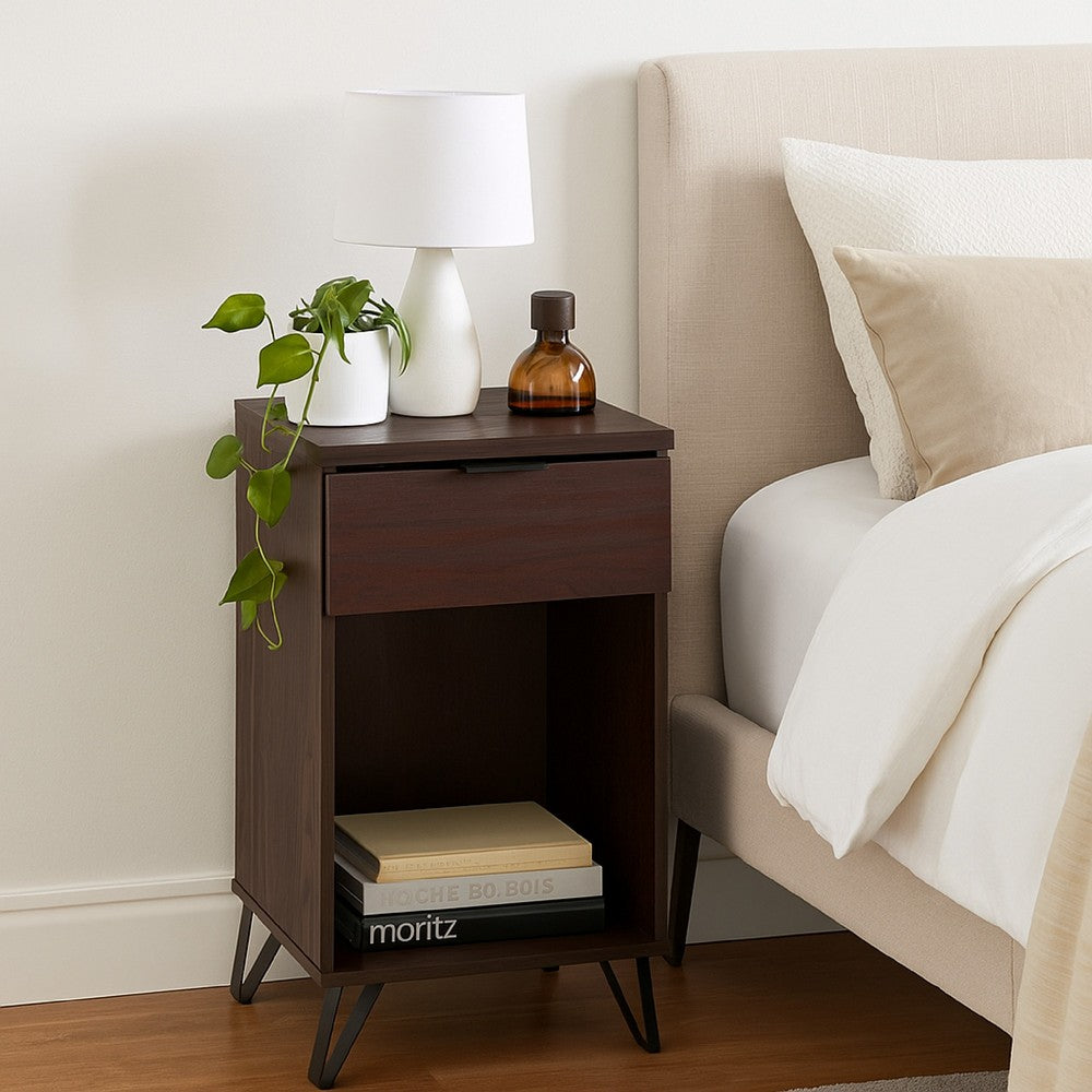 Benjara Livy Nightstand, 1 Drawer, Black Iron Legs, Walnut Brown, 27 Inch