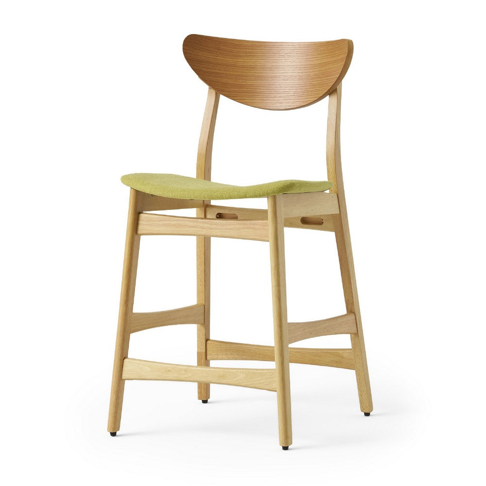 Benjara Zily Counter Height Chairs Set of 2, Green Seat, Natural Brown Wood