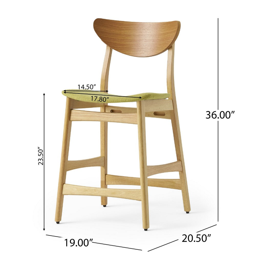Benjara Zily Counter Height Chairs Set of 2, Green Seat, Natural Brown Wood
