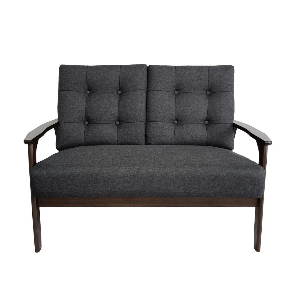 Benjara Lex Loveseat, Tufted Back Charcoal Gray Fabric, Walnut Brown, 46 Inch