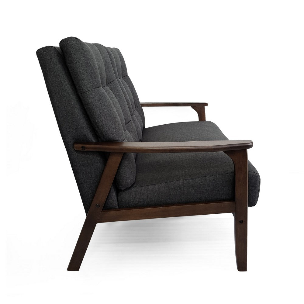 Benjara Lex Loveseat, Tufted Back Charcoal Gray Fabric, Walnut Brown, 46 Inch