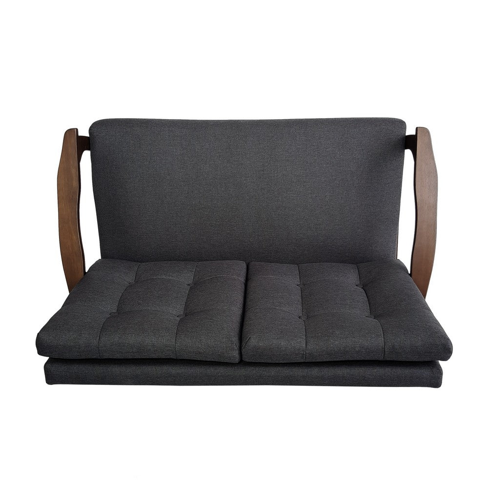 Benjara Lex Loveseat, Tufted Back Charcoal Gray Fabric, Walnut Brown, 46 Inch