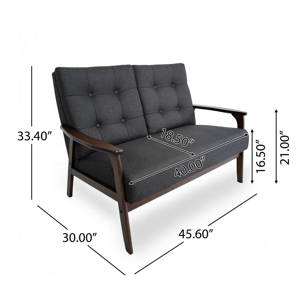 Benjara Lex Loveseat, Tufted Back Charcoal Gray Fabric, Walnut Brown, 46 Inch