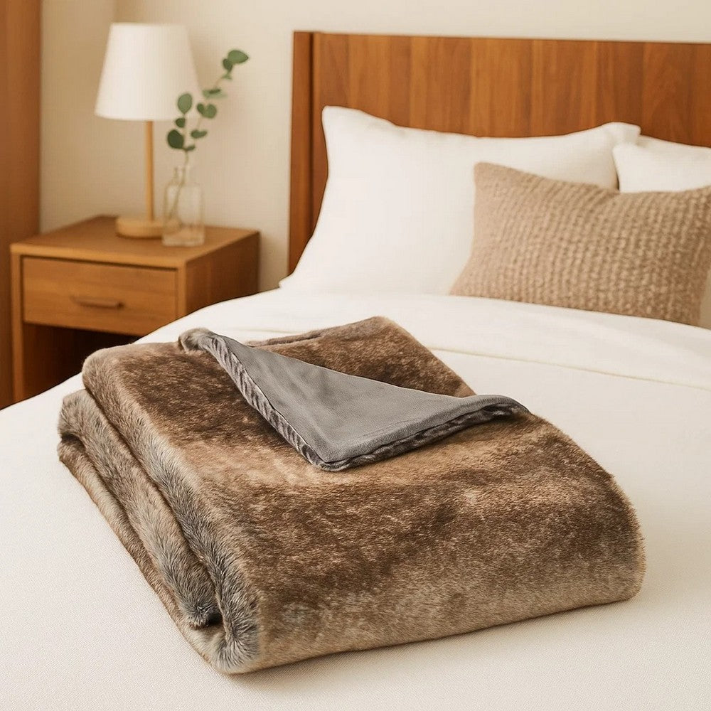 Benjara Tini 50x60 Throw Blanket, Rich Brown Faux Fur, One Sided Design