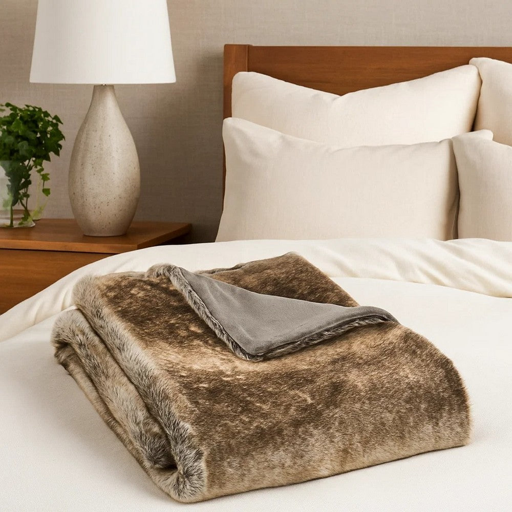 Benjara Tini 50x60 Throw Blanket, Rich Brown Faux Fur, One Sided Design