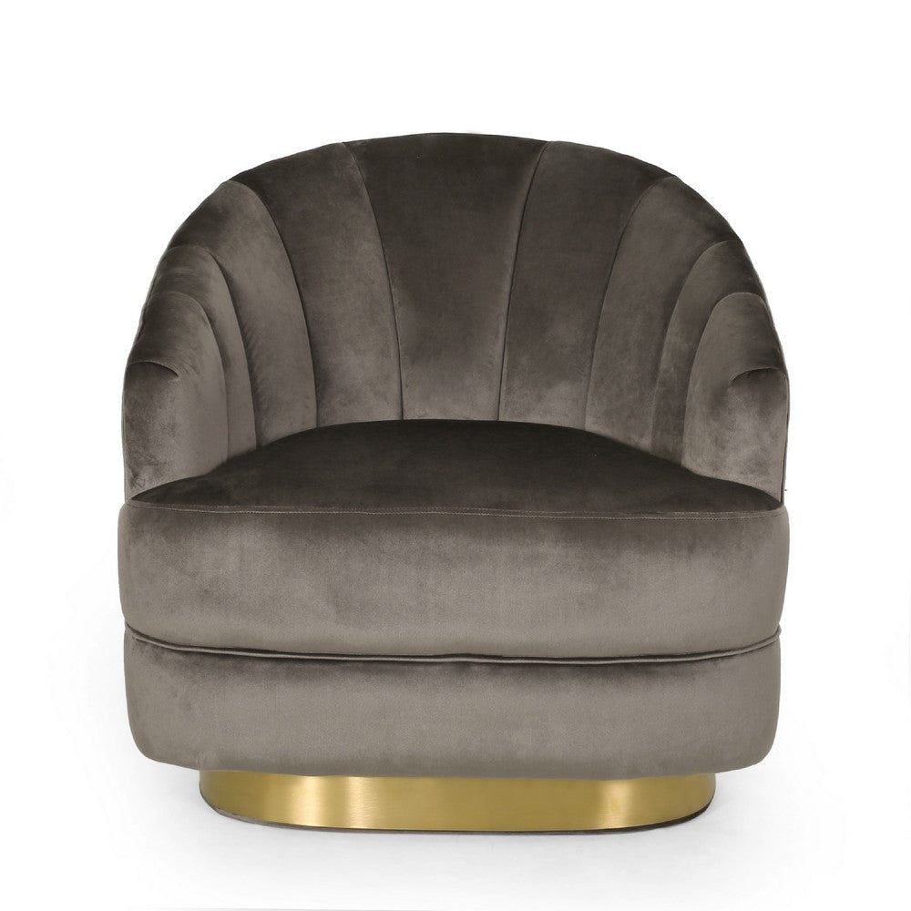 Benjara Accent Armchair, Channel Tufted Gray Velvet, Gold Metal Base
