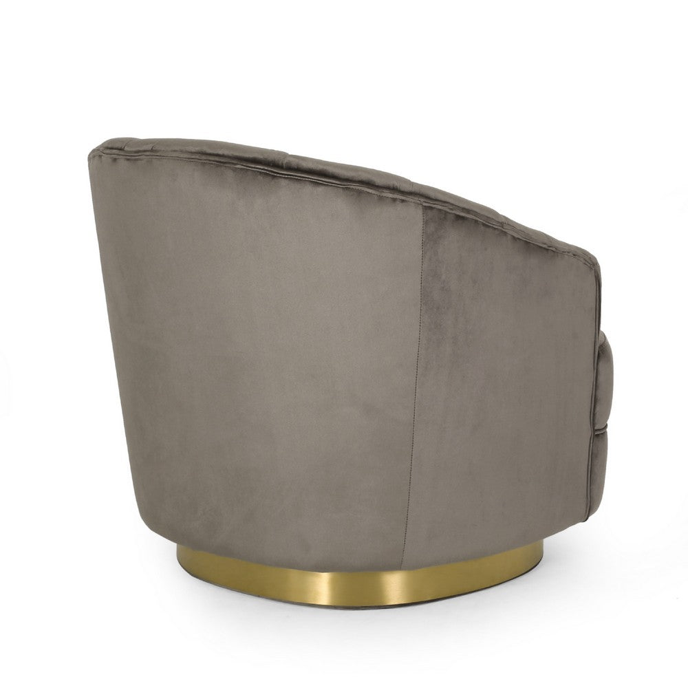 Benjara Accent Armchair, Channel Tufted Gray Velvet, Gold Metal Base
