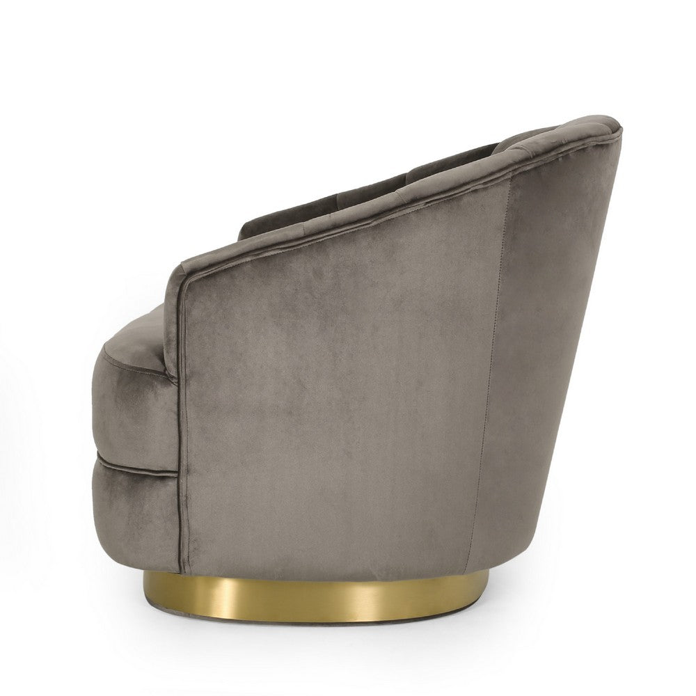 Benjara Accent Armchair, Channel Tufted Gray Velvet, Gold Metal Base
