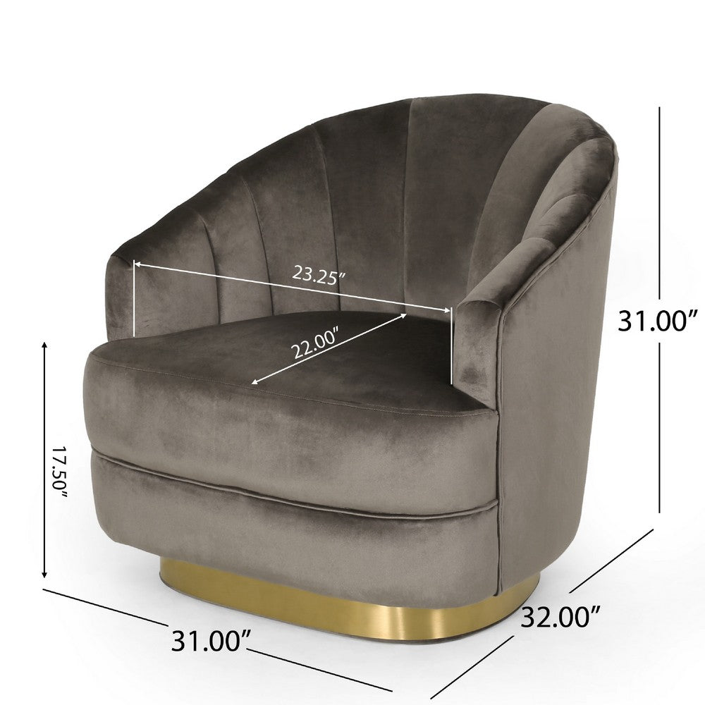 Benjara Accent Armchair, Channel Tufted Gray Velvet, Gold Metal Base