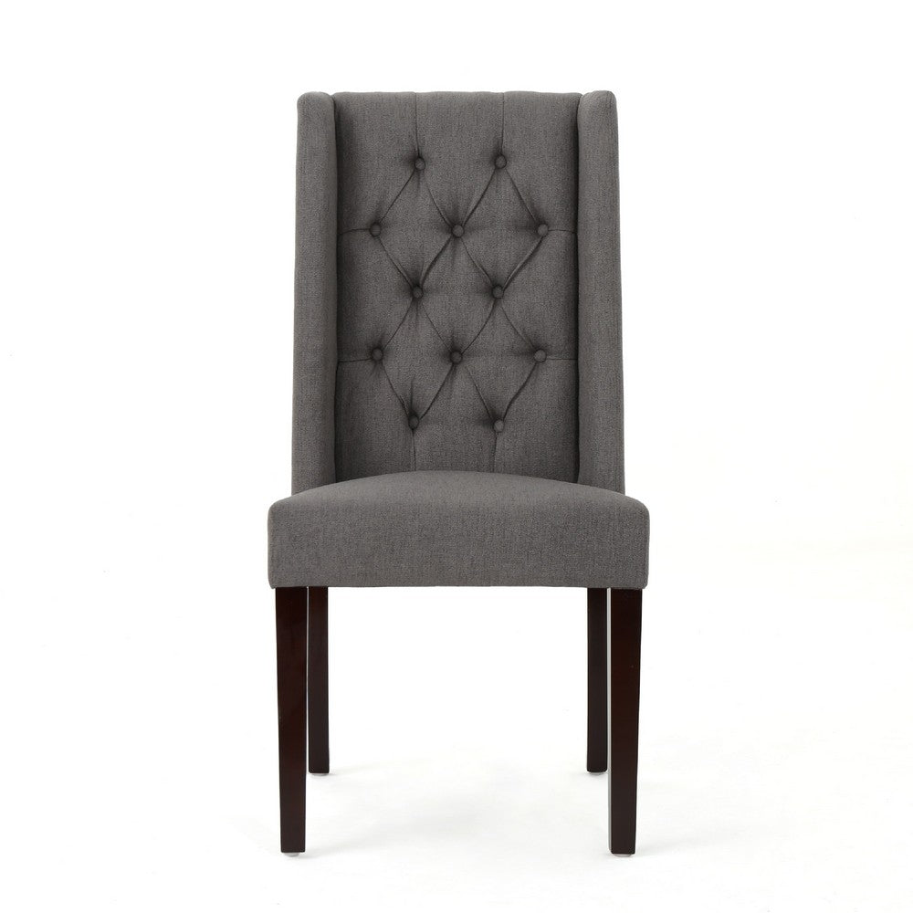 Benjara Nathan Dining Chair Set of 2, Dark Brown Wood, Tufted Gray Wingback