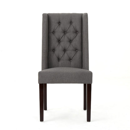 Benjara Nathan Dining Chair Set of 2, Dark Brown Wood, Tufted Gray Wingback