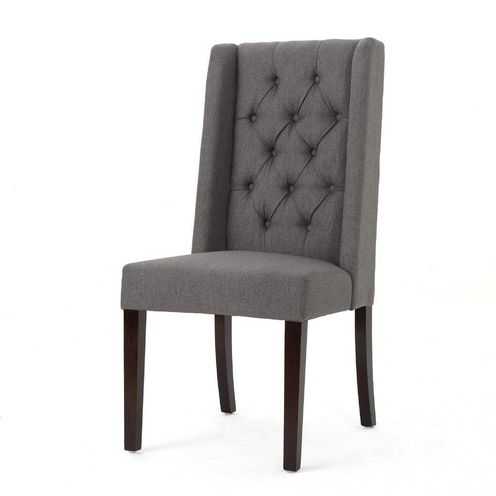 Benjara Nathan Dining Chair Set of 2, Dark Brown Wood, Tufted Gray Wingback