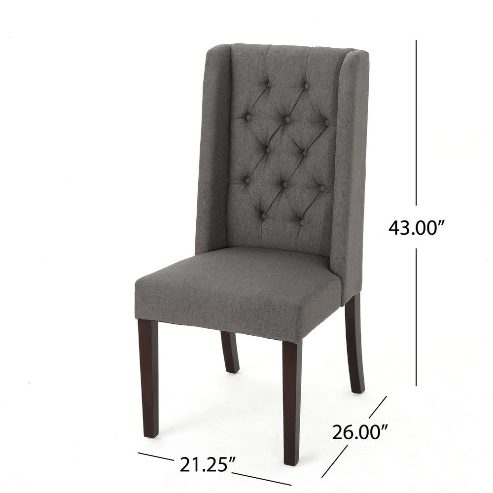 Benjara Nathan Dining Chair Set of 2, Dark Brown Wood, Tufted Gray Wingback