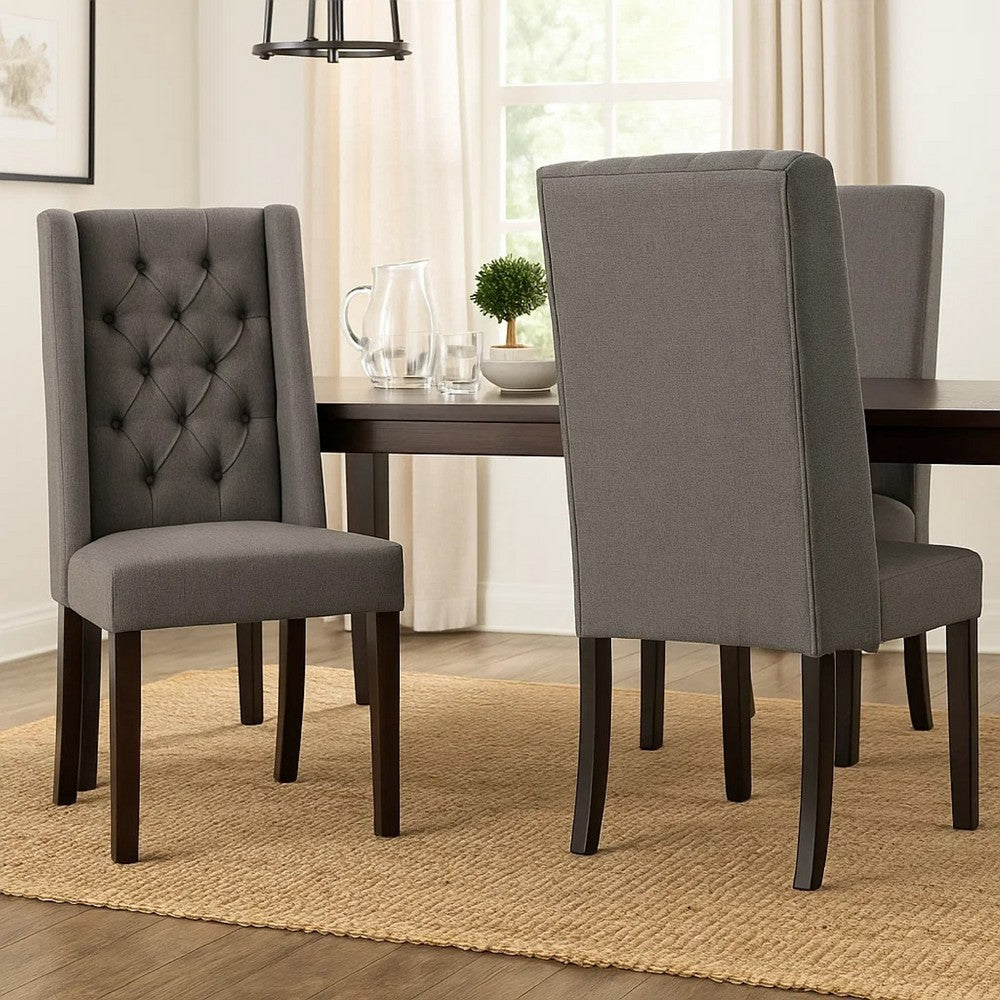 Benjara Nathan Dining Chair Set of 2, Dark Brown Wood, Tufted Gray Wingback