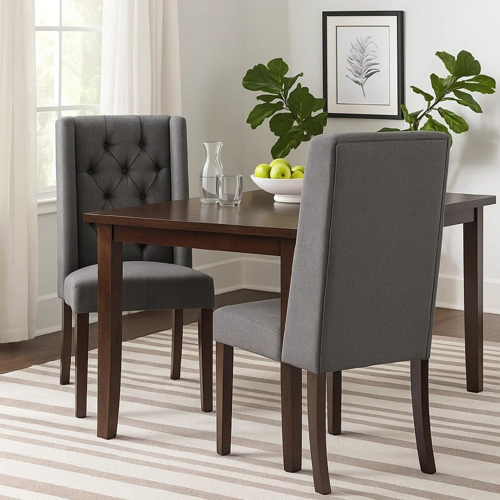 Benjara Nathan Dining Chair Set of 2, Dark Brown Wood, Tufted Gray Wingback