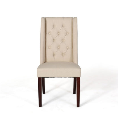 Benjara Nathan Dining Chair Set of 2, Dark Brown Wood, Tufted Beige Wingback