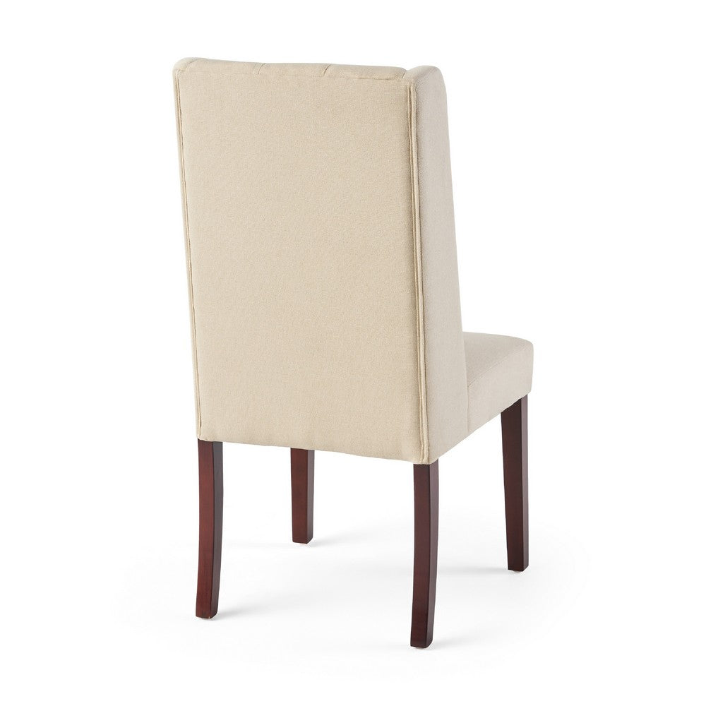 Benjara Nathan Dining Chair Set of 2, Dark Brown Wood, Tufted Beige Wingback