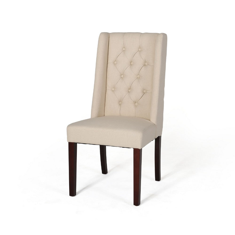 Benjara Nathan Dining Chair Set of 2, Dark Brown Wood, Tufted Beige Wingback