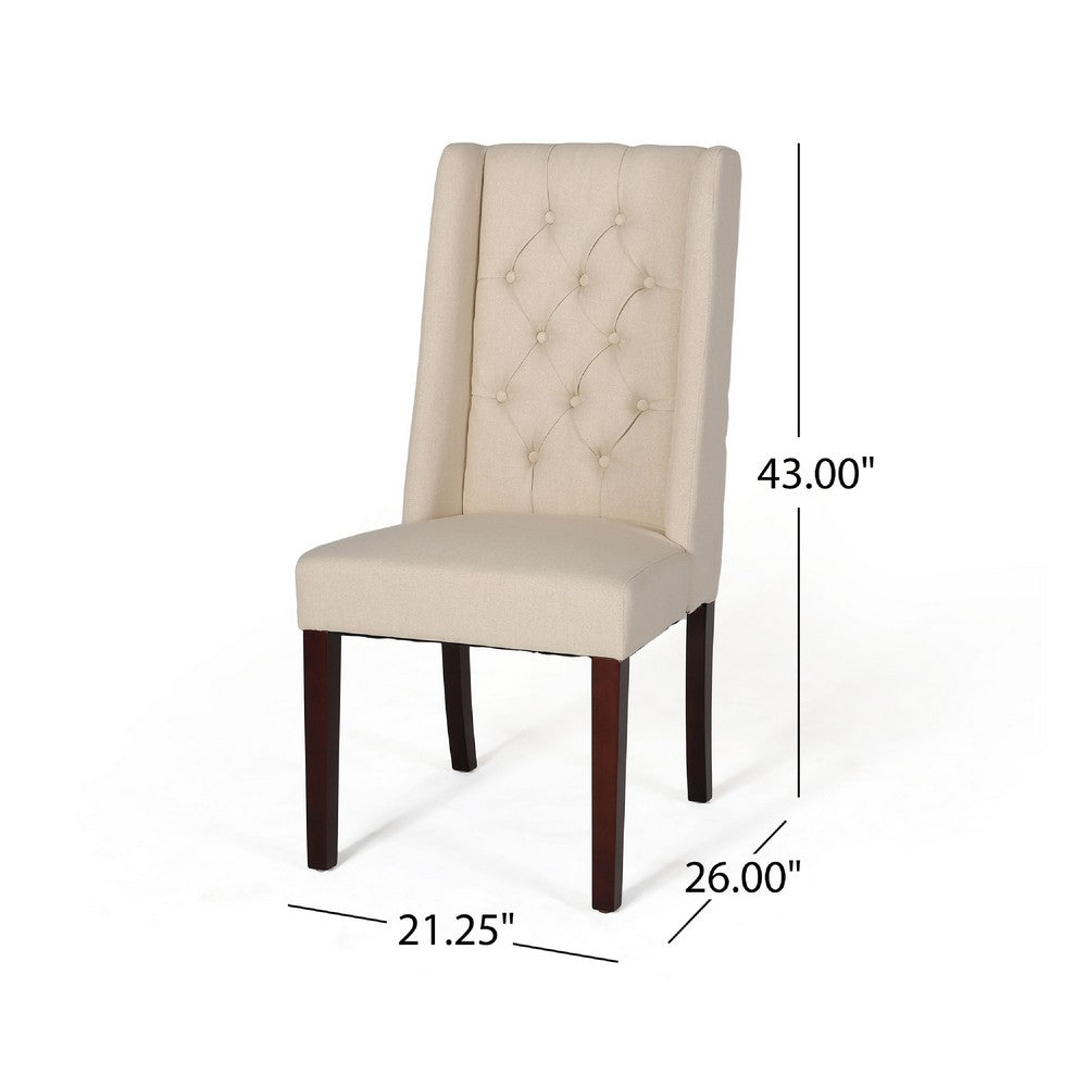 Benjara Nathan Dining Chair Set of 2, Dark Brown Wood, Tufted Beige Wingback