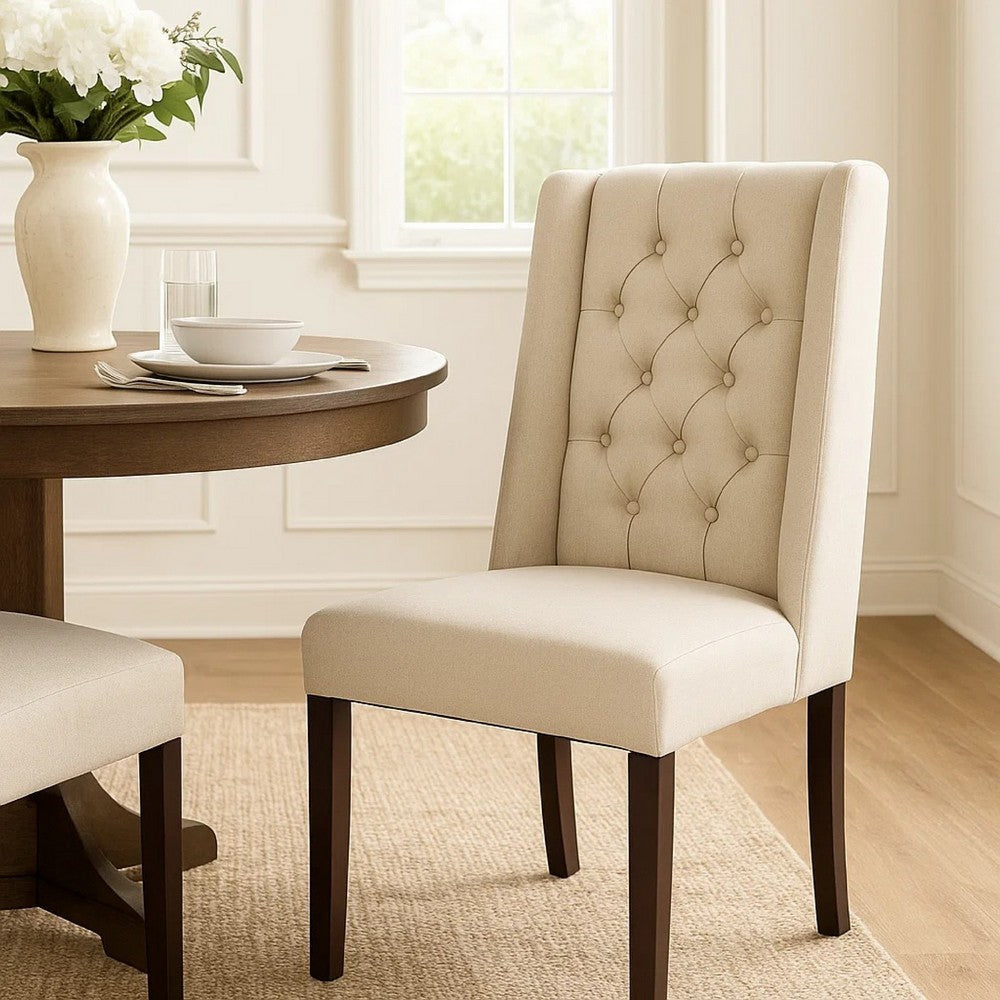 Benjara Nathan Dining Chair Set of 2, Dark Brown Wood, Tufted Beige Wingback