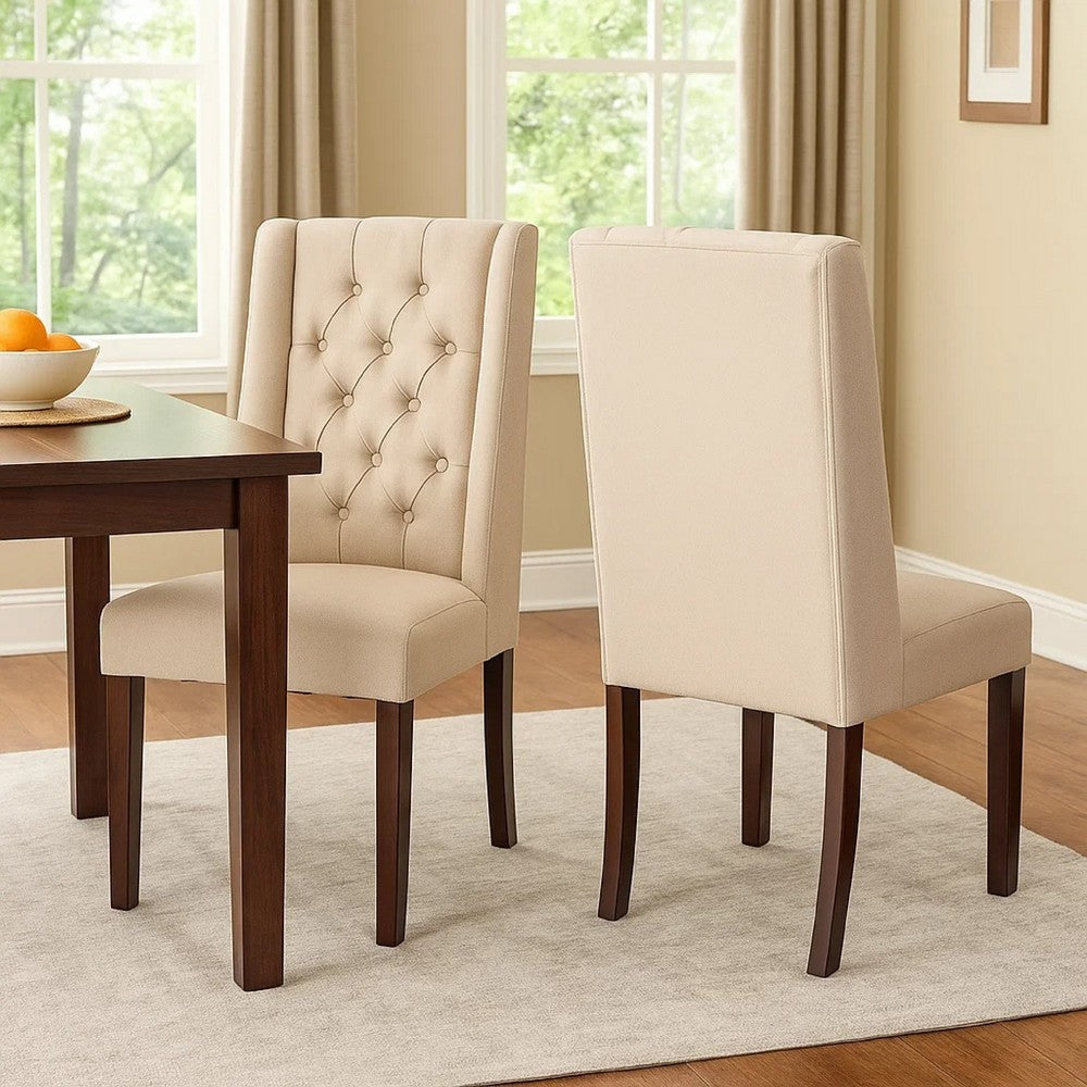 Benjara Nathan Dining Chair Set of 2, Dark Brown Wood, Tufted Beige Wingback