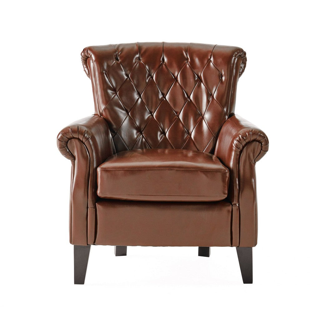 Benjara Ranlin Accent Club Chair, Tufted Chestnut Brown Leather, Wood 35 Inch