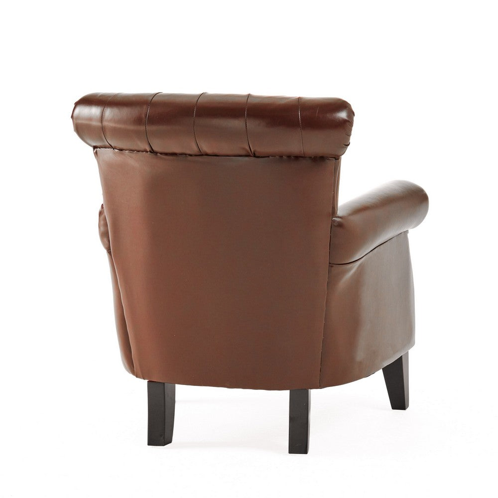 Benjara Ranlin Accent Club Chair, Tufted Chestnut Brown Leather, Wood 35 Inch