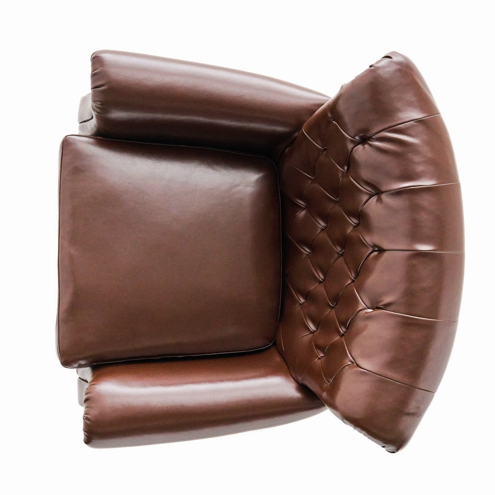 Benjara Ranlin Accent Club Chair, Tufted Chestnut Brown Leather, Wood 35 Inch
