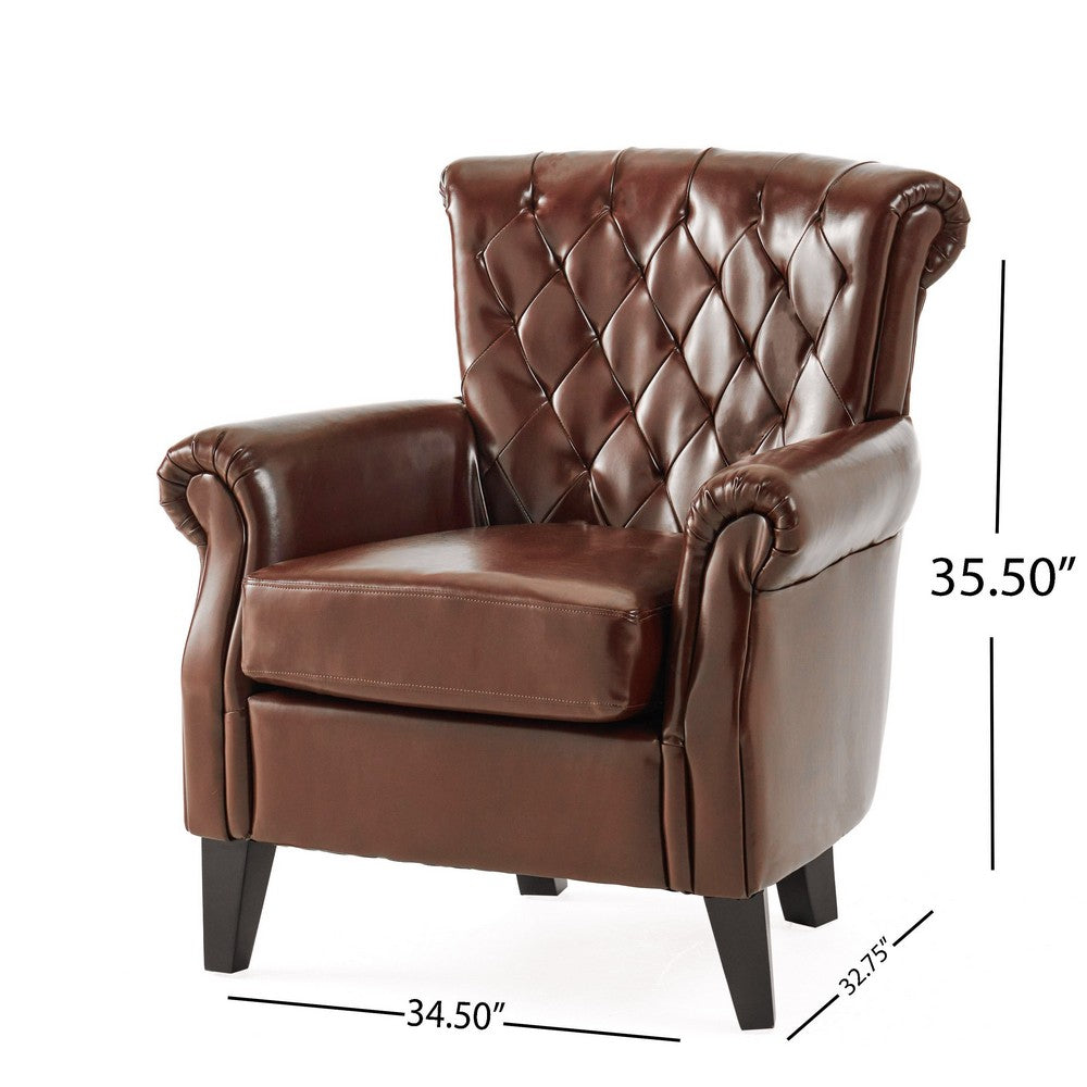 Benjara Ranlin Accent Club Chair, Tufted Chestnut Brown Leather, Wood 35 Inch