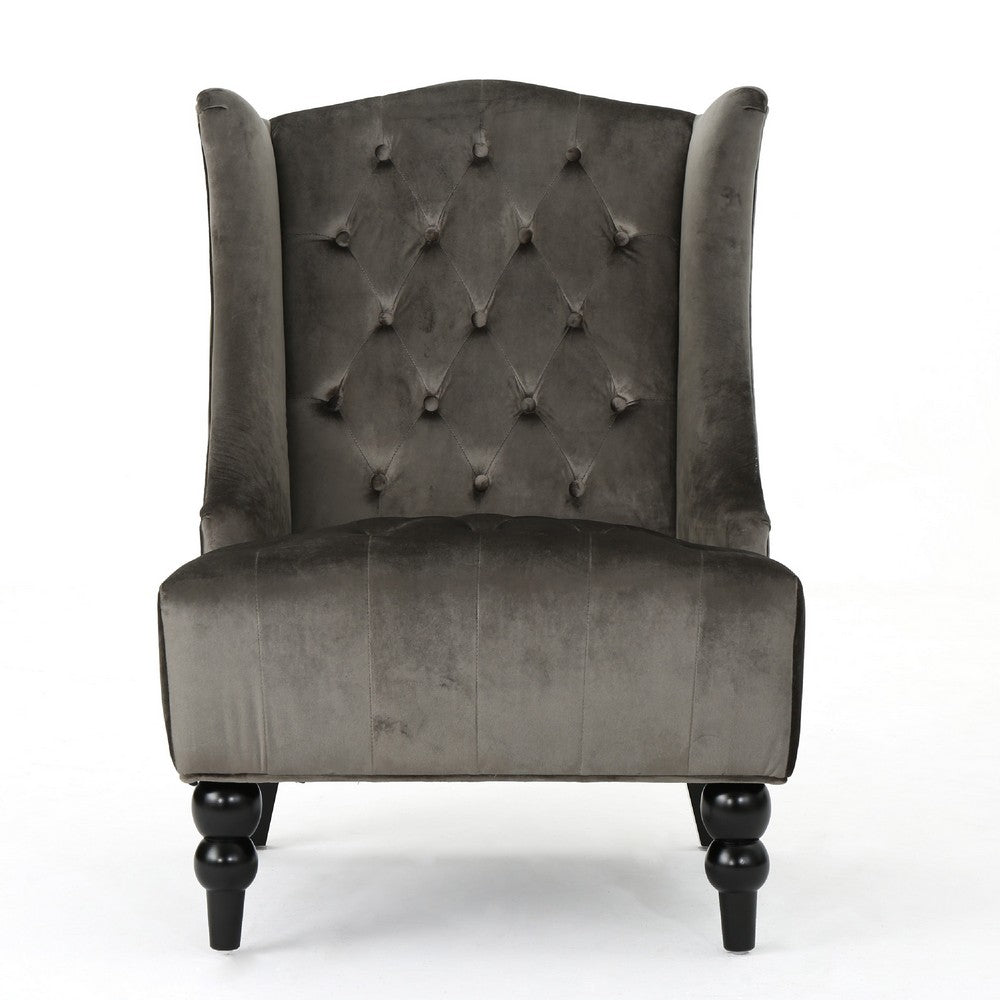 Benjara Tesy High Back Accent Club Chair, Gray Tufted Velvet, Black Wood Legs