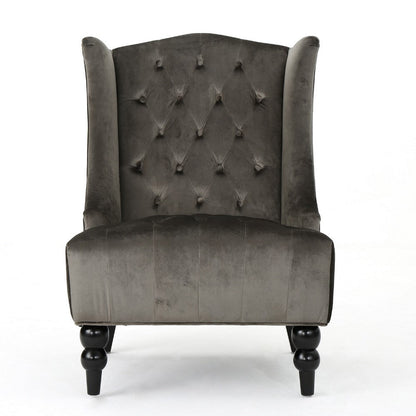 Benjara Tesy High Back Accent Club Chair, Gray Tufted Velvet, Black Wood Legs