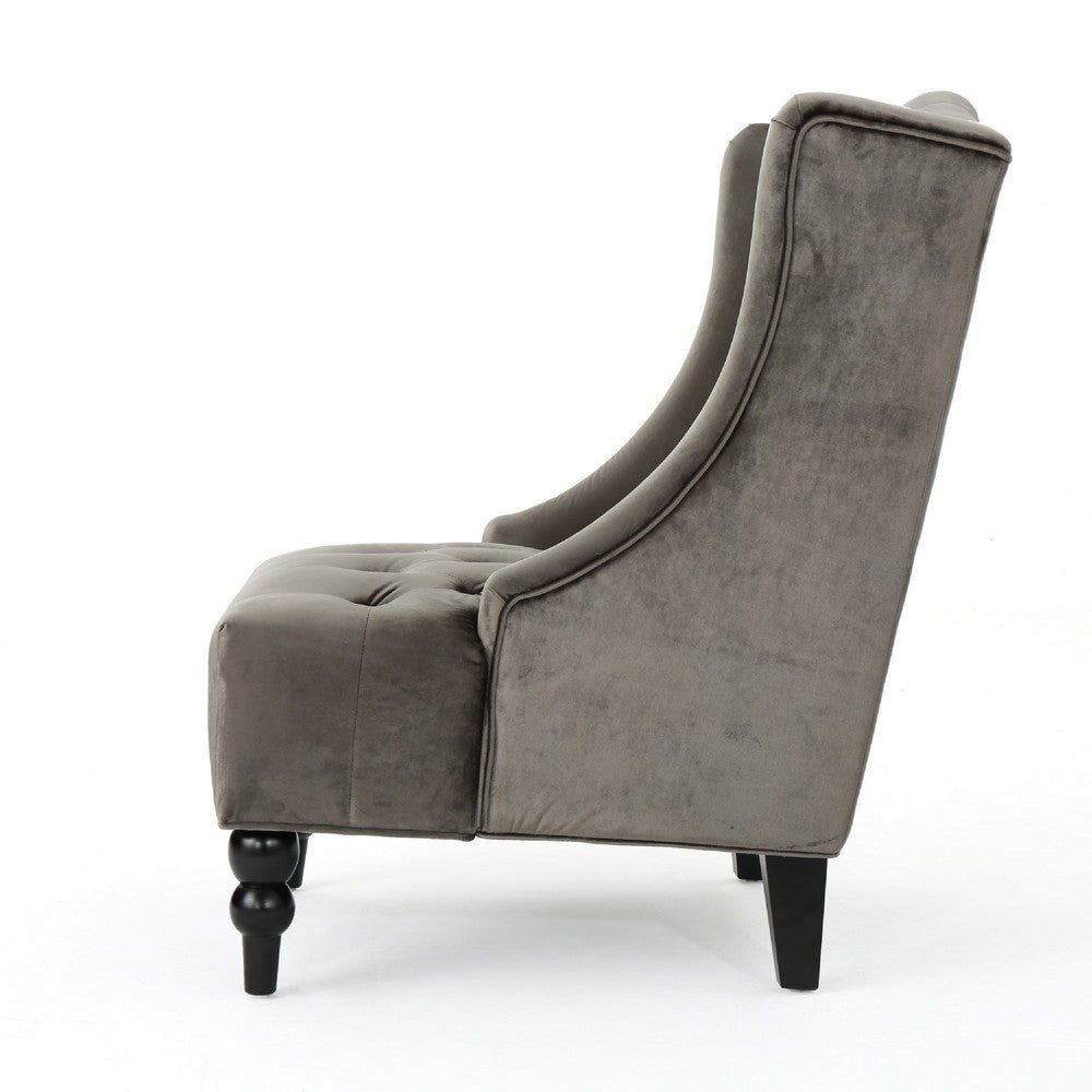 Benjara Tesy High Back Accent Club Chair, Gray Tufted Velvet, Black Wood Legs
